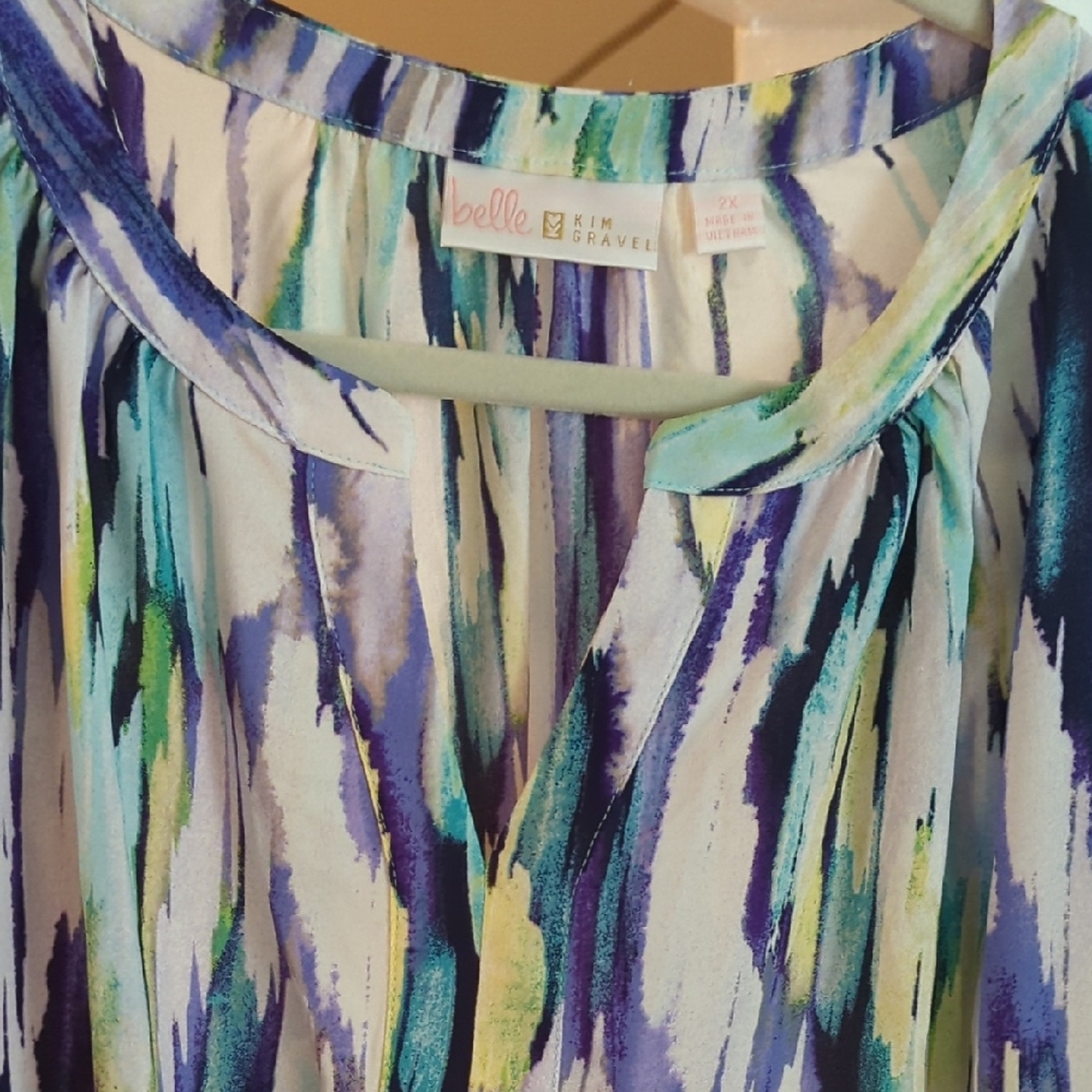 Belle by Kim Gravel Women's Blue and Green Patterned Blouse